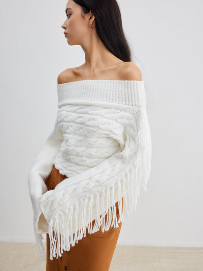 Schulterfreier Zopfmuster-Pullover | Fransen-Details | Boho-Eleganz