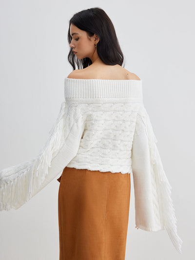 Schulterfreier Zopfmuster-Pullover | Fransen-Details | Boho-Eleganz