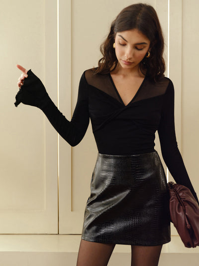 Langarm-Top mit Mesh-Einsatz | Wickel-Design | Elegante Transparenz