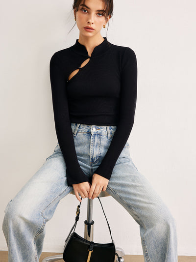 Cut-Out-Langarmshirt | Asymmetrisches Detail & Stehkragen | Modern & Elegant