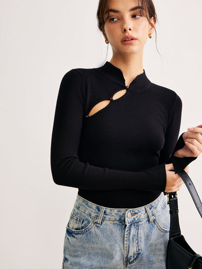 Cut-Out-Langarmshirt | Asymmetrisches Detail & Stehkragen | Modern & Elegant