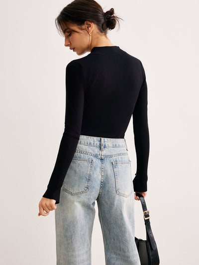 Cut-Out-Langarmshirt | Asymmetrisches Detail & Stehkragen | Modern & Elegant