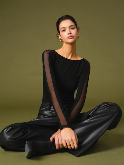 Langarm-Shirt mit Mesh-Ärmeln | Weiche Viskose | Elegant & Moderner