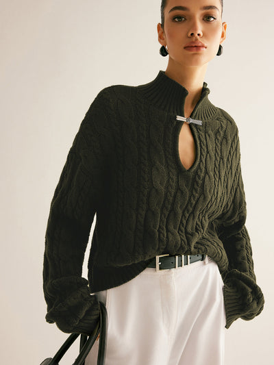 Kabelstrick-Pullover | Keyhole-Detail & Metallverschluss | Modern & Elegant