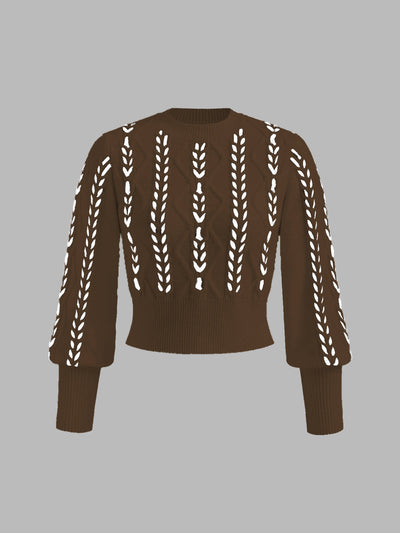 Eleganter Strickpullover | Kontrastmuster & Ballonärmel | Stilvolle Wärme