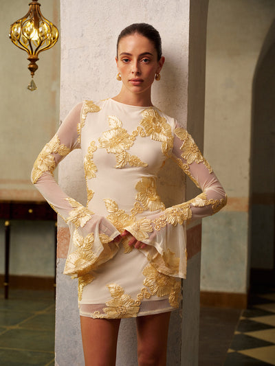 Elegantes Minikleid | Florale Stickerei & Trompetenärmel | Feminin & Glamourös