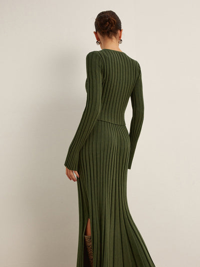 Geripptes Strickset | Langarm-Top & Plisseerock | Elegant & Modern