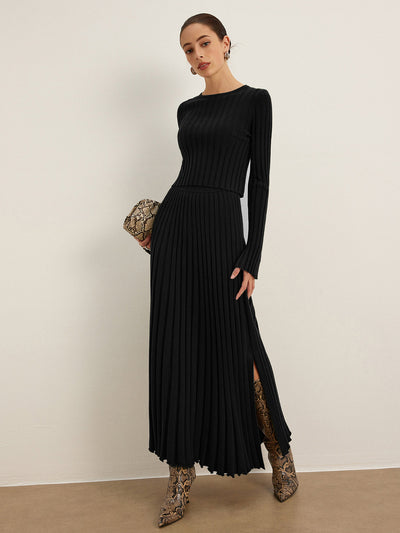 Geripptes Strickset | Langarm-Top & Plisseerock | Elegant & Modern