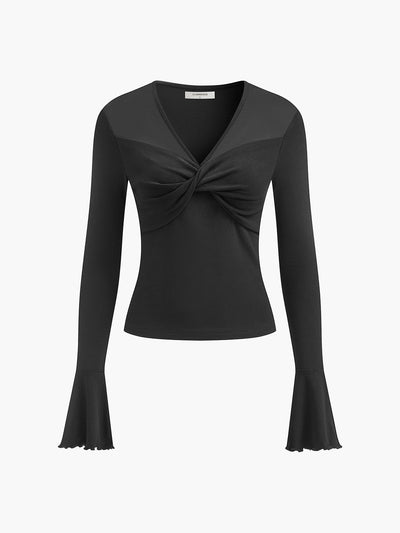 Langarm-Top mit Mesh-Einsatz | Wickel-Design | Elegante Transparenz