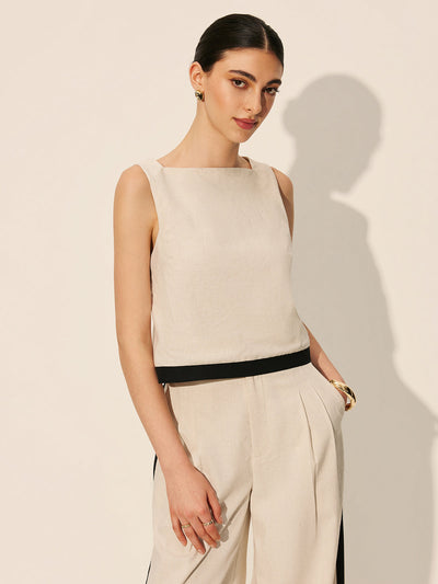 Leinen-Baumwoll Hose mit Kontrastnaht und Reißverschluss