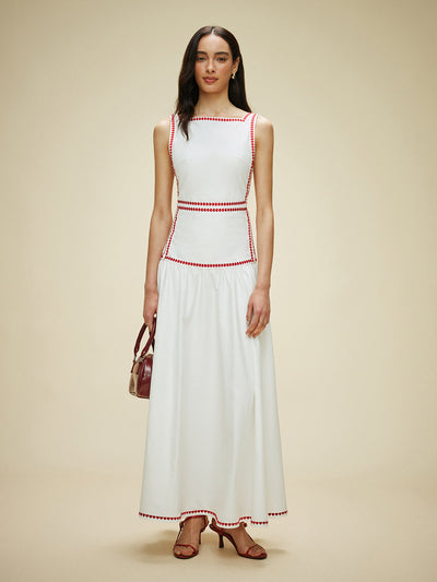 Damen Maxikleid aus Baumwolle mit Kontrastbesatz & Rückenschleife