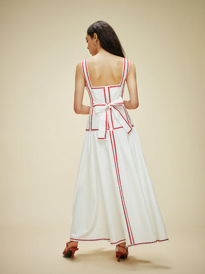 Damen Maxikleid aus Baumwolle mit Kontrastbesatz & Rückenschleife