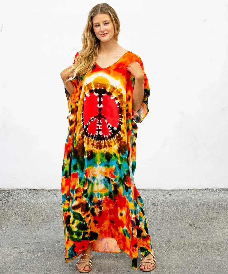 Hippie-Maxikleid mit Peace-Zeichen | Farbenfroh & Boho-Chic | Festival-Look