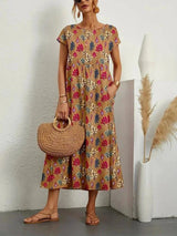 Baumwoll Midikleid Damen mit Blumendruck und Taschen in Braun