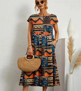 Baumwoll Midikleid Damen mit Blumendruck und Taschen in Orange