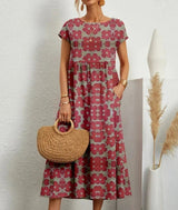 Baumwoll Midikleid Damen mit Blumendruck und Taschen in Rot