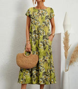 Baumwoll Midikleid Damen mit Blumendruck und Taschen in Hellgrün