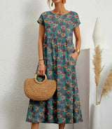 Baumwoll Midikleid Damen mit Blumendruck und Taschen in Blau
