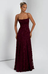 Blumenmuster Kleid | Festliches Kleid für Damen in Burgunder