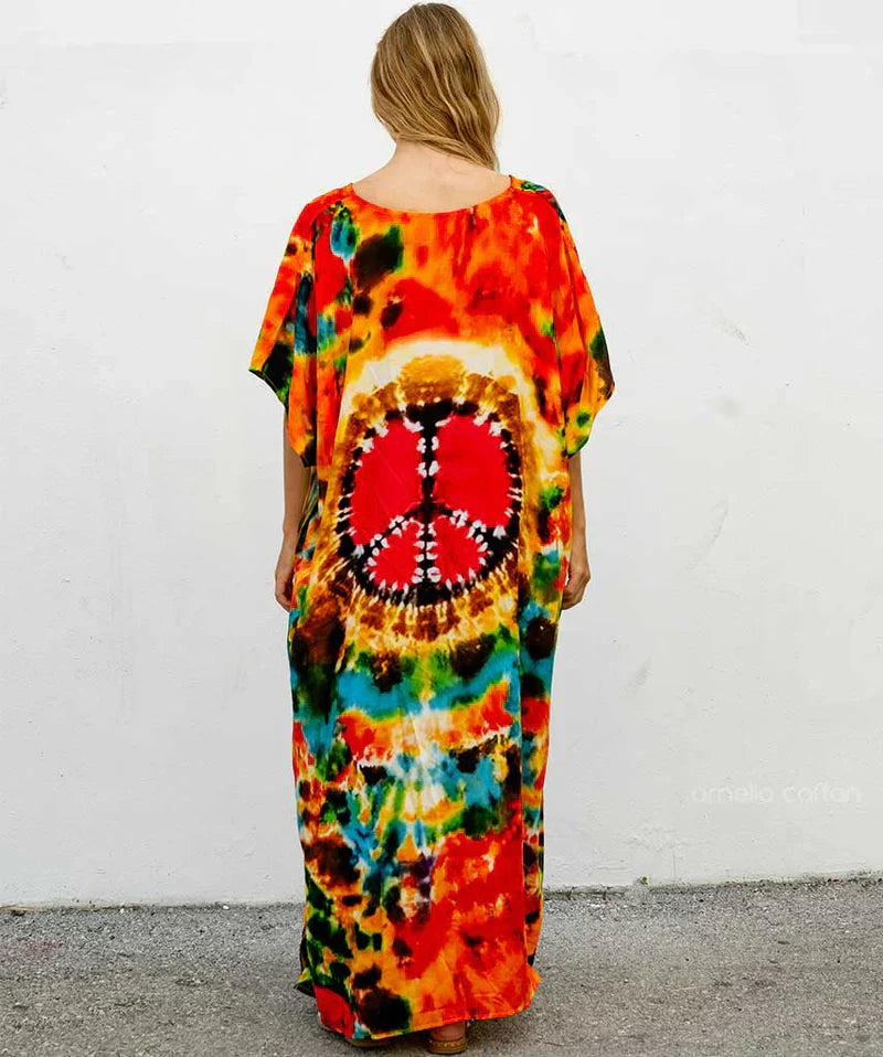 Hippie-Maxikleid mit Peace-Zeichen | Farbenfroh & Boho-Chic | Festival-Look