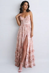 Cäcilie | Maxikleid mit Spaghettiträgern und Volantsaum in Rosa