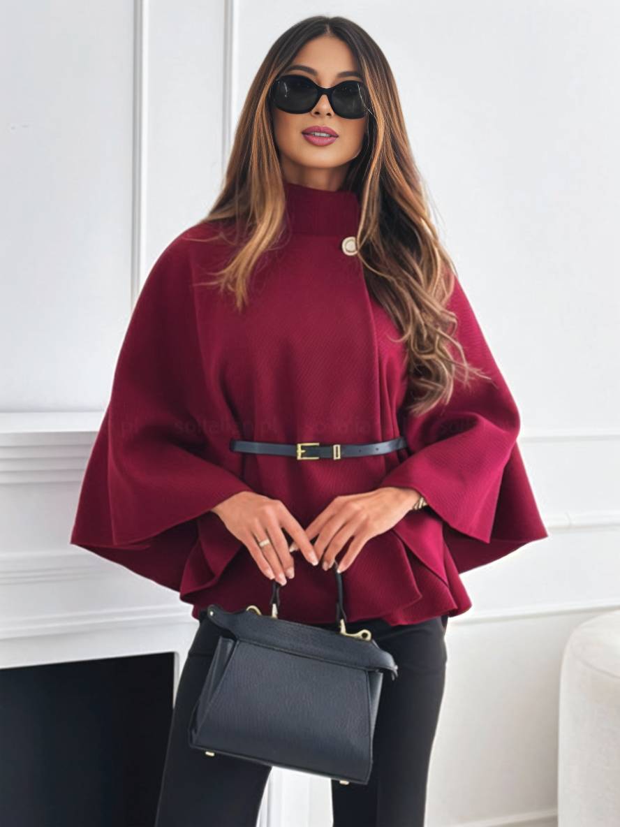 Cara - Kurzer Roter Poncho Mantel Fledermausärmel Damen