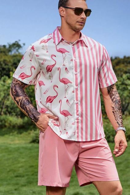 Edmund - Herren-Set aus Hemd und Shorts mit Flamingo- und Streifen-Grafikdruck