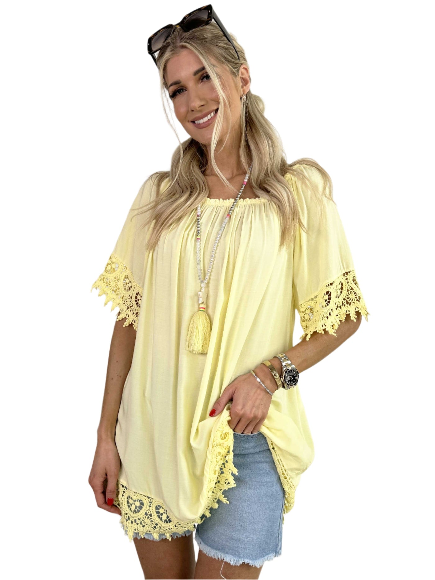 Terry - Feminines Tunika-Top mit Spitzenbesatz