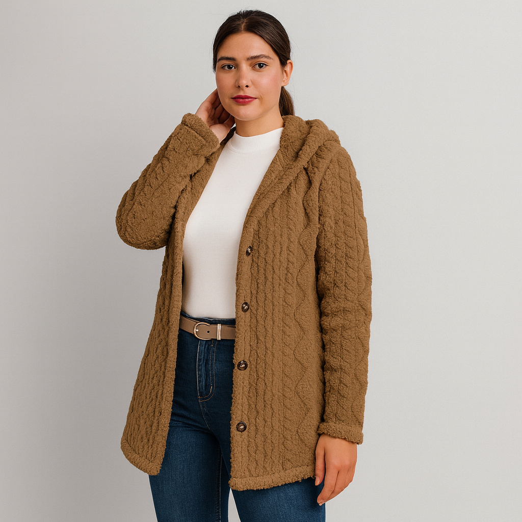 Marlena | Damen Knopf-Front Teddy Hoodie Mantel für Herbst & Winter