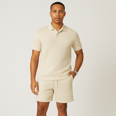 2-teiliges Jacquard-Strickset für Herren – Kurzarm-Oberteil mit Kragen und einfarbige Shorts