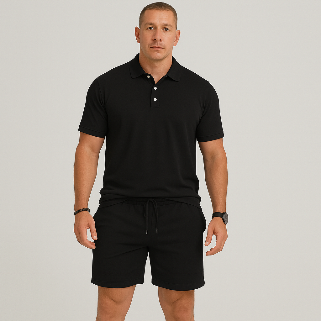 Herren Sommer Casual Set – Leichtes Oberteil mit Golfkragen und einfarbige Shorts mit Taschen