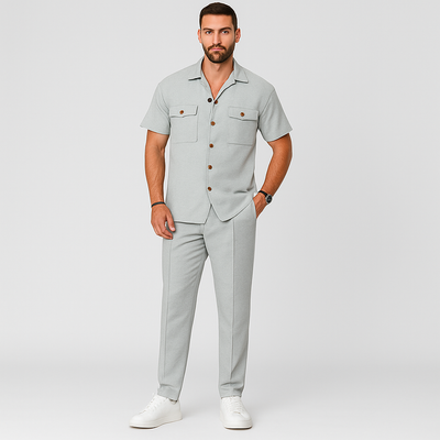 2-teiliges Sommer-Set für Herren – Lässiges Strandhemd mit Doppeltaschen und passende lange Hose