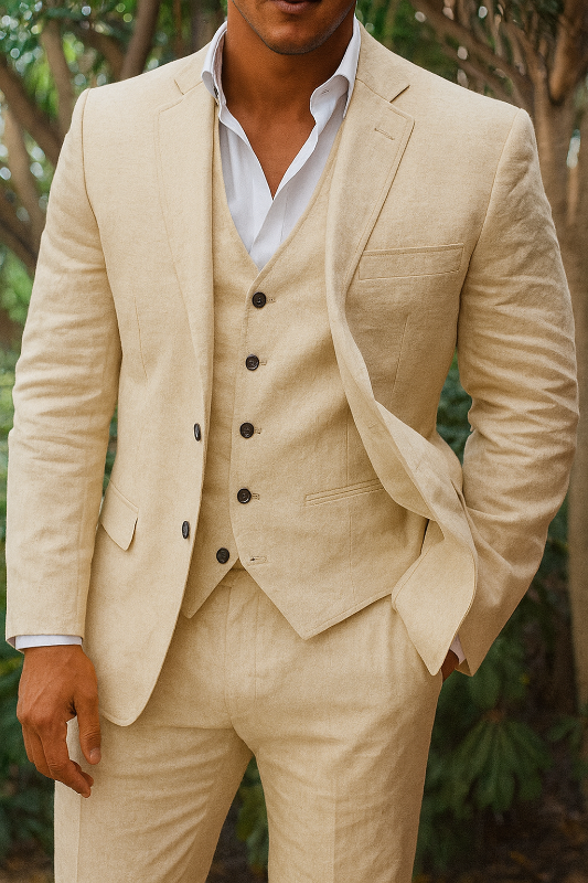 Dreiteiliges Herrenanzugset aus Leinen – Blazer, Weste und Hose, ideal für Hochzeiten und formelle Anlässe
