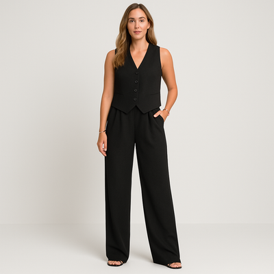 Elegantes 2-teiliges Set für Damen – Ärmelloses Top mit V-Ausschnitt und passende einfarbige Hose