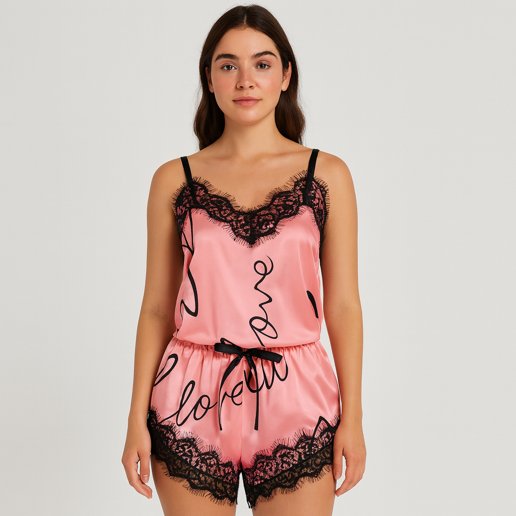 Schickes Spitzen-Pyjama-Set für Damen – Stilvoller Buchstabendruck mit Schleifendetail für gemütliche Nächte