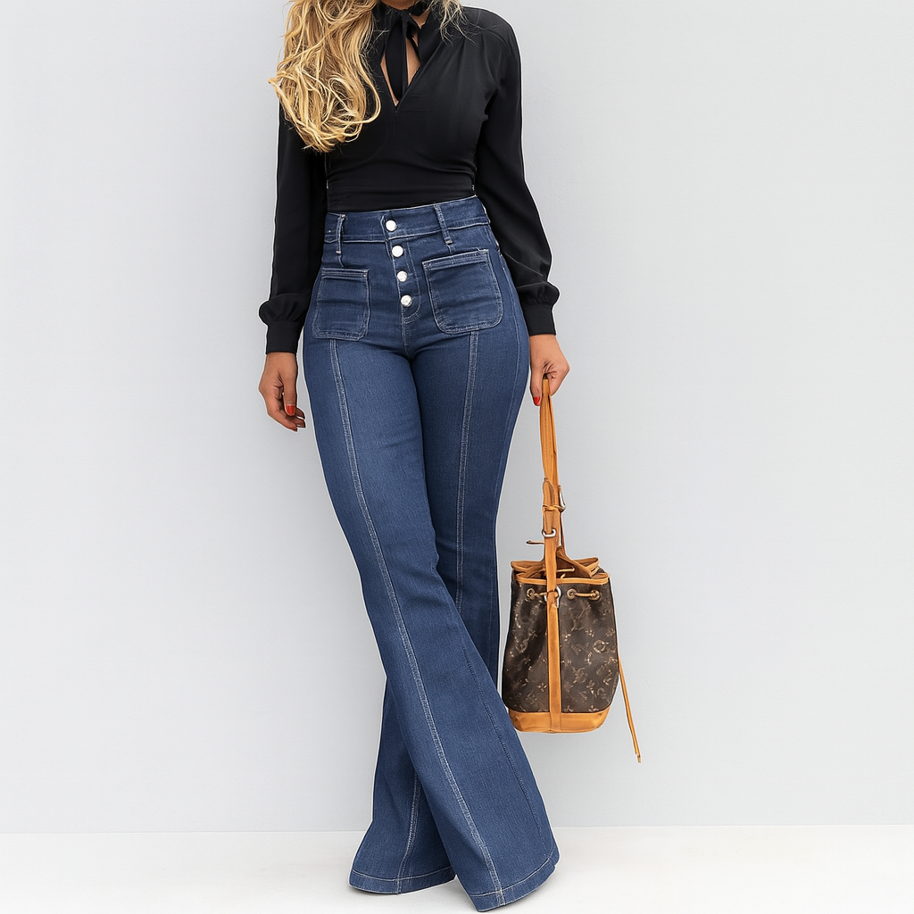 Merta – Damen Stretch Schlagjeans – Knopfverschluss & All-Season Passform