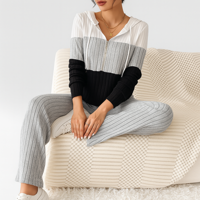 Damen Zweiteiler mit Reißverschluss – Gestreiftes Top & High-Waist Hose mit weitem Bein