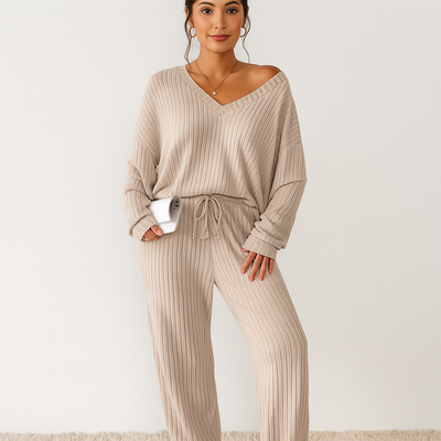 Damen Lounge-Set aus Rippstrick – Unifarbenes V-Ausschnitt-Top & Jogginghose mit Gummibund