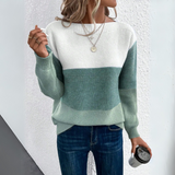 Pullover Damen Colourblock mit U Boot Ausschnitt in Grün