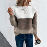 Pullover Damen Colourblock mit U Boot Ausschnitt in Braun