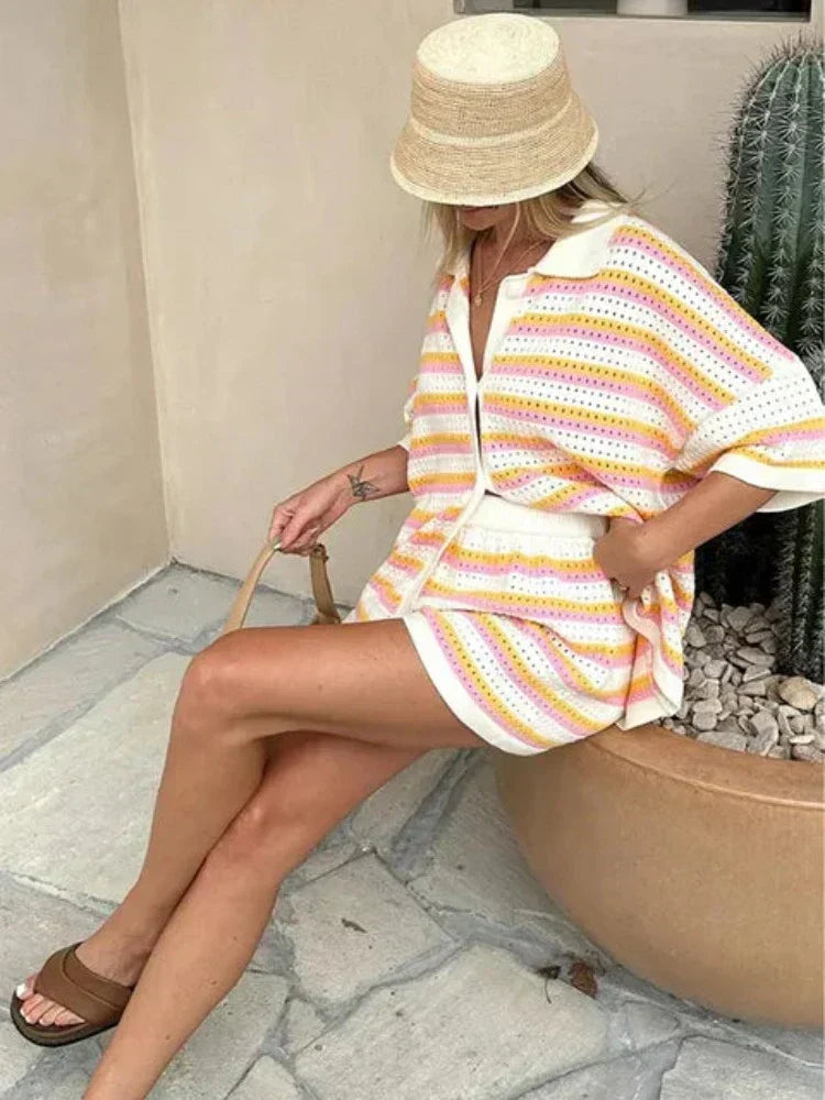 Pauline | Zweiteiliges Strick-Set mit Hemd & Shorts