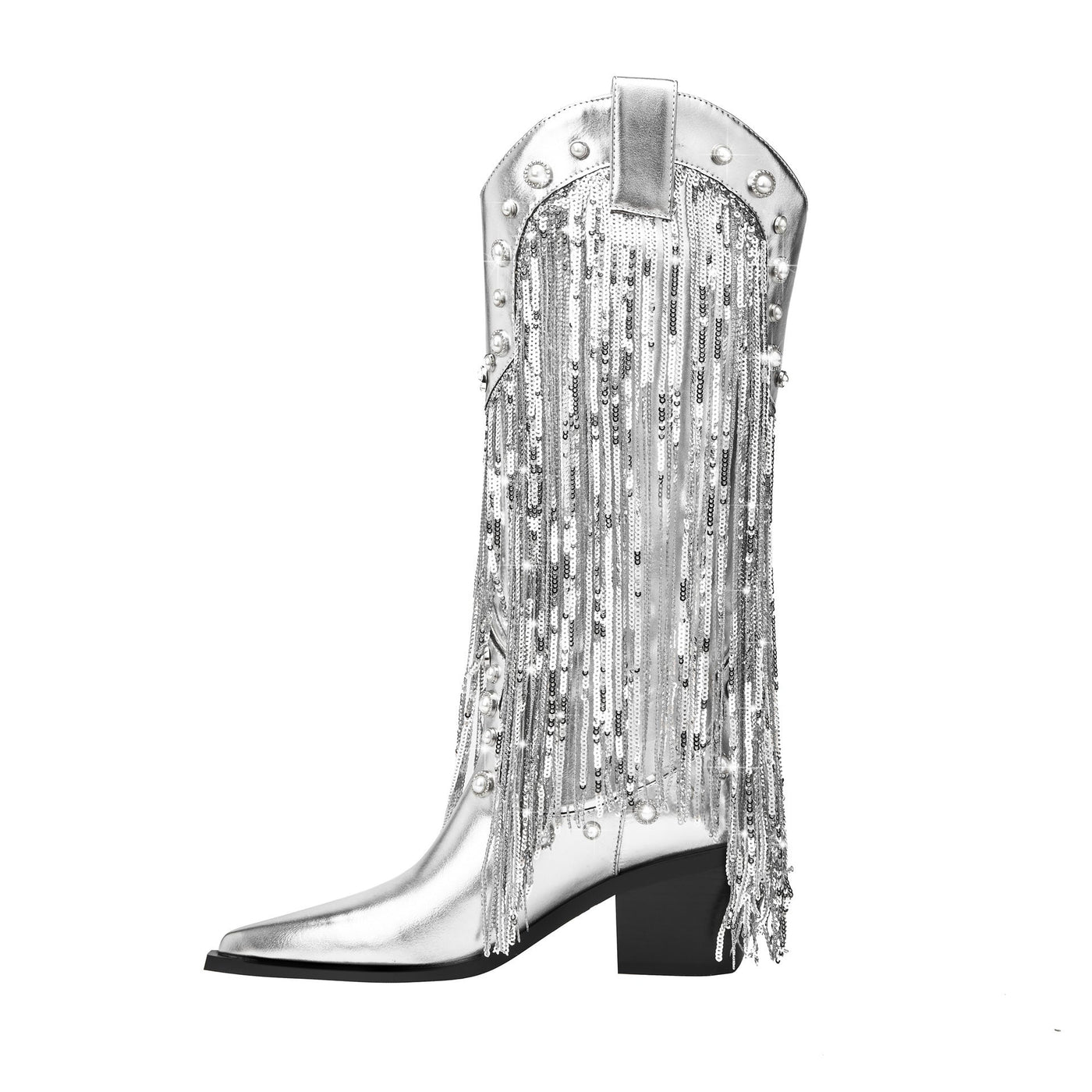 Damen Cowboystiefel Leder Boho Stil mit Fransendetails und Blockabsatz
