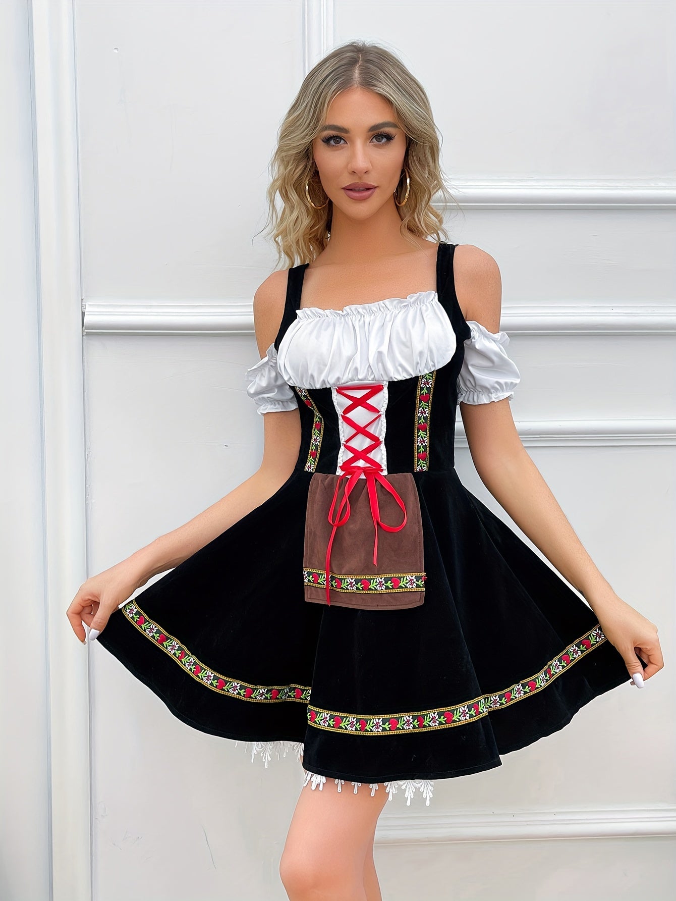 Damen Dirndl Kleid Schulterfrei Trachtenkleid mit Fließendem Rock für Oktoberfest