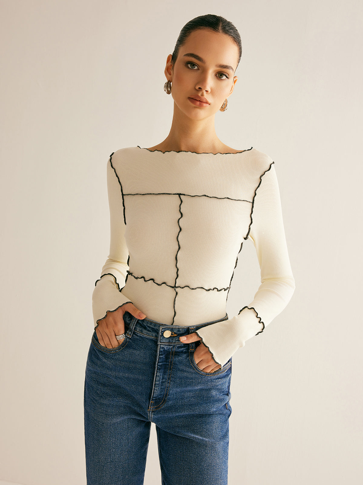 Damen Langarmshirt Baumwolle Lyocell Slim Fit mit Lettuce Trim