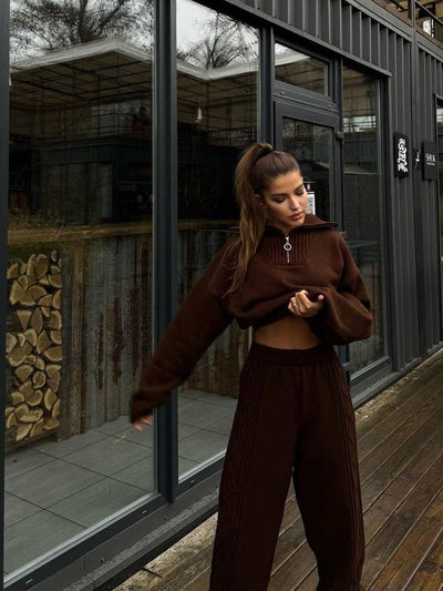 Damen Loungewear Anzug Strickmaterial mit Reißverschluss