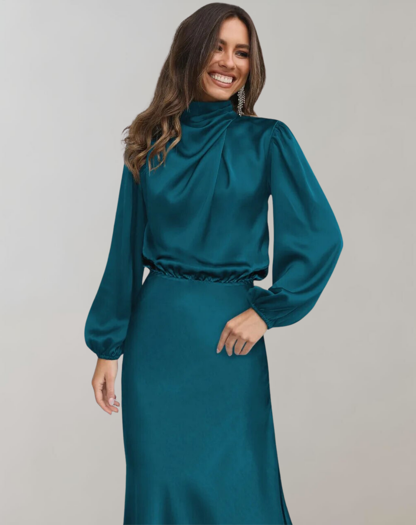 Damen Satin Kleid Lange Ärmel Elegant Fließend