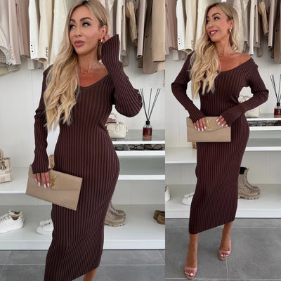 Damen Strickkleid V-Ausschnitt Midi Elegant Langarm