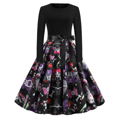 Damen Halloween-Kleid mit Print | Langarm & Ausgestellter Schnitt