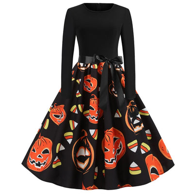 Damen Halloween-Kleid mit Print | Langarm & Ausgestellter Schnitt