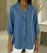 Damen V-Ausschnitt Denim Bluse - Langarm Top Mit Rüschen in Blau